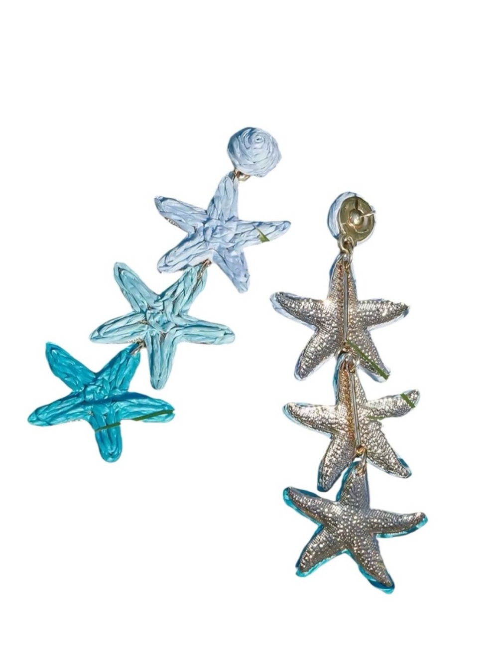 NEW Raffia Starfish Drop Earrings Blue Coastal Boho Summer Statement 3.5” - Picture 3 of 7